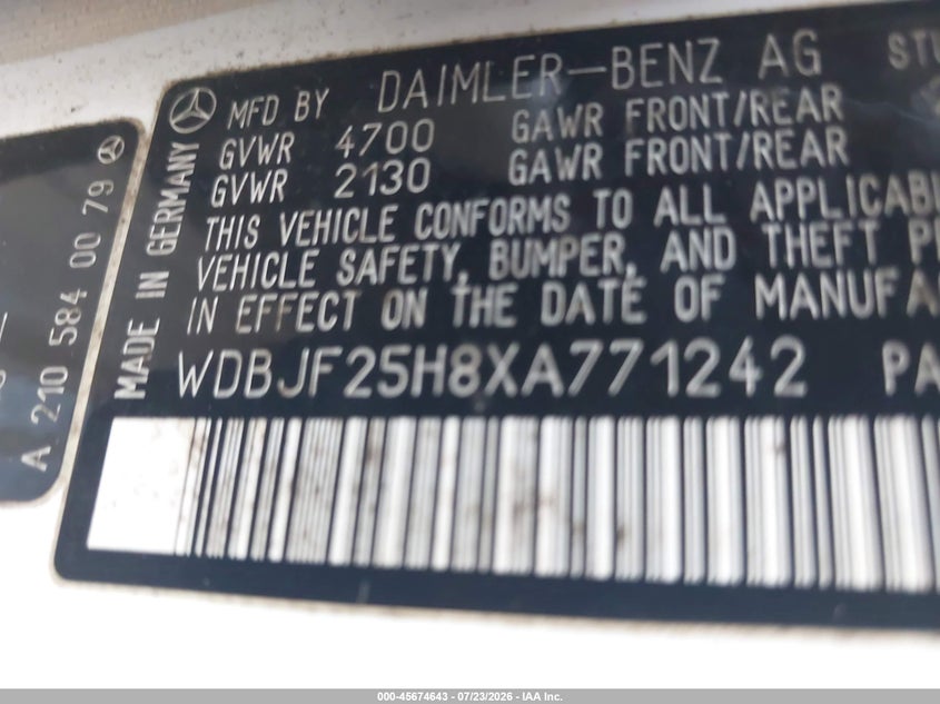 1999 Mercedes-benz E-class VIN WDBJF25H8XA771242 IAAI salvage auction — NORMAL WEAR, Clear (Florida), sold $575 on 2026-07-28 (photo 9)