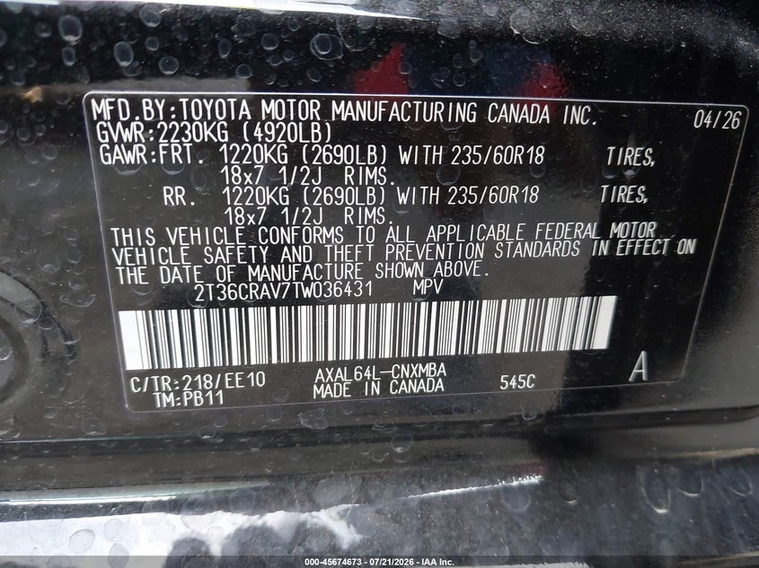 2026 Toyota Rav4 VIN 2T36CRAV7TW036431 IAAI salvage auction — FRONT END, Enterprise Vehicles Clear Only (Oklahoma), sold $23,350 on 2026-07-30 (photo 9)
