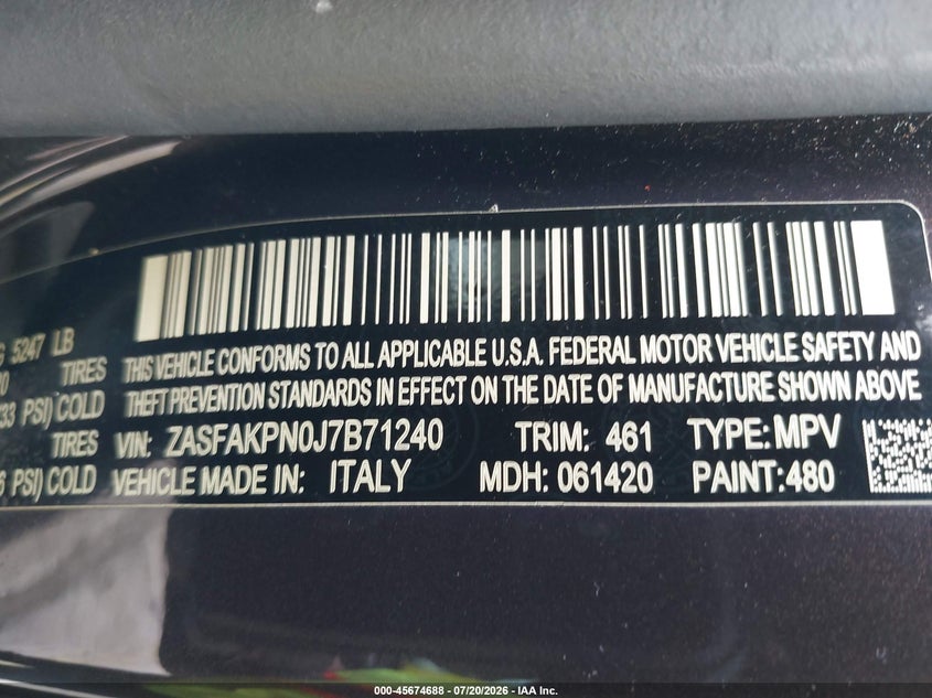 2018 Alfa romeo Stelvio VIN ZASFAKPN0J7B71240 IAAI salvage auction — FRONT END, Salvage Title, sold $2,400 on 2026-08-19 (photo 9)