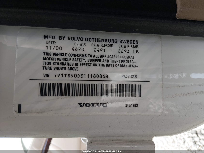 2001 Volvo S80 VIN YV1TS90D311180868 IAAI salvage auction — REAR END, Bill Of Sale (Washington), sold $725 on 2026-08-07 (photo 9)