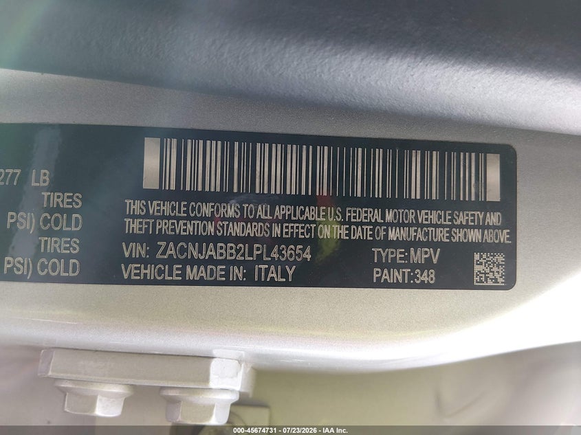 2020 Jeep Renegade VIN ZACNJABB2LPL43654 IAAI salvage auction — FRONT END, Salvage (Texas), sold $900 on 2026-09-28 (photo 9)