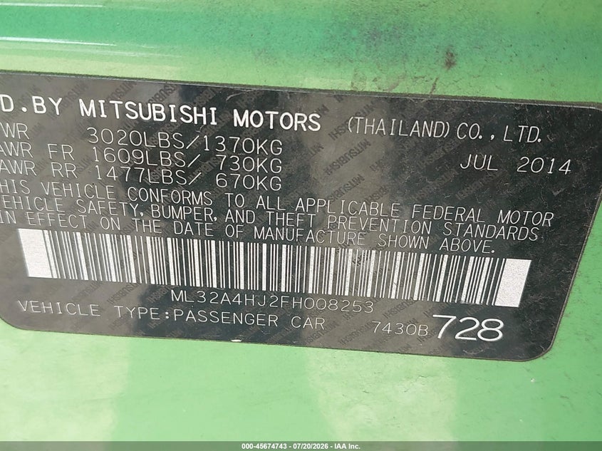 2015 Mitsubishi Mirage VIN ML32A4HJ2FH008253 IAAI salvage auction — NORMAL WEAR, Original (Ohio), sold $25 on 2026-07-29 (photo 9)