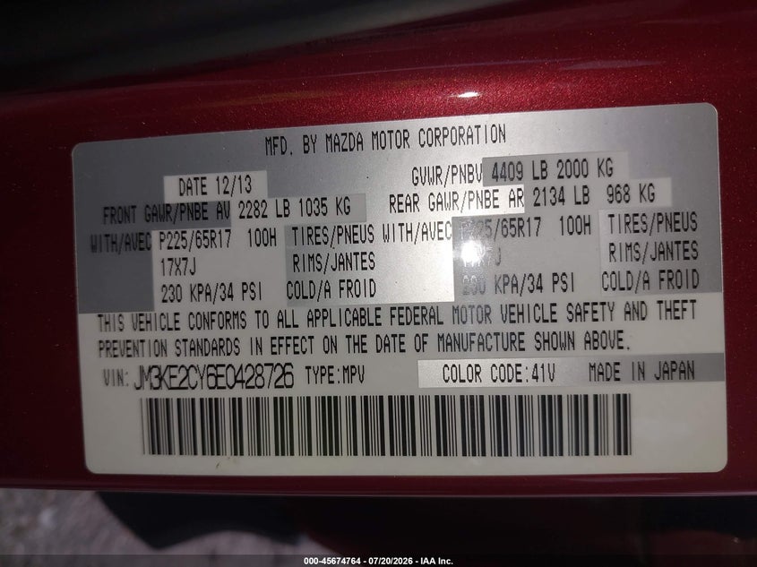 2014 Mazda Cx-5 VIN JM3KE2CY6E0428726 IAAI salvage auction — NORMAL WEAR, Original (Texas), sold $25 on 2026-07-29 (photo 9)