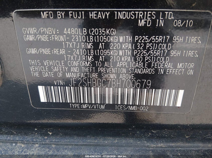 2011 Subaru Forester VIN JF2SHBGC7BH700679 IAAI salvage auction — NORMAL WEAR, Clear (North Carolina), sold $400 on 2026-07-29 (photo 9)