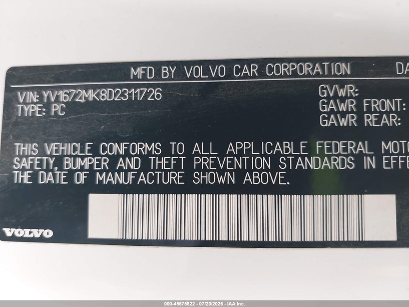2013 Volvo C30 VIN YV1672MK8D2311726 IAAI salvage auction — FRONT END, Salvage Title, sold $575 on 2026-08-12 (photo 9)