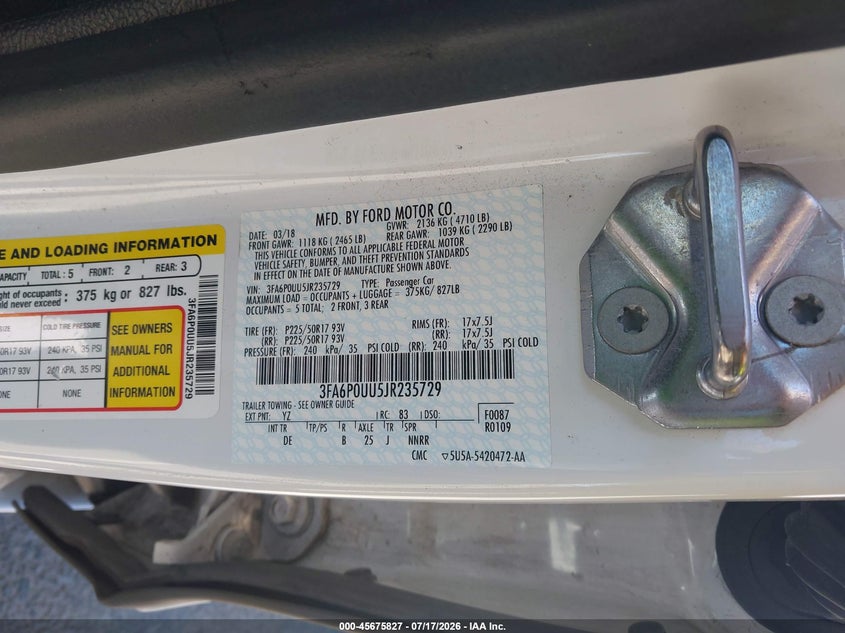 2018 Ford Fusion VIN 3FA6P0UU5JR235729 IAAI salvage auction — NORMAL WEAR, Sf97 (California), sold $12,150 on 2026-07-30 (photo 9)