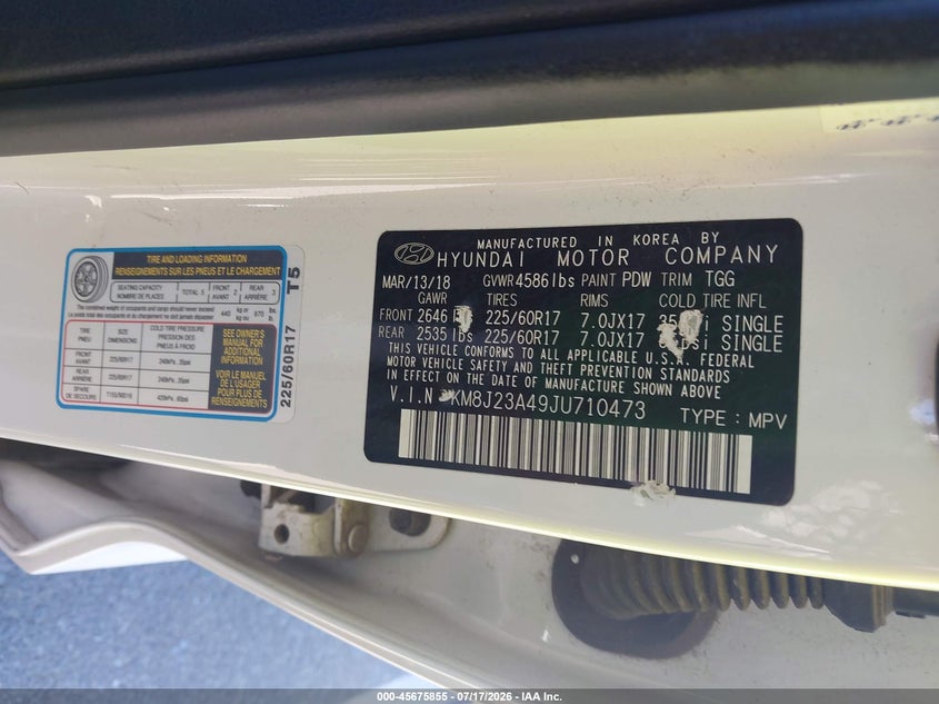 2018 Hyundai Tucson VIN KM8J23A49JU710473 IAAI salvage auction — NORMAL WEAR, Sf97 (California), sold $8,225 on 2026-07-30 (photo 9)