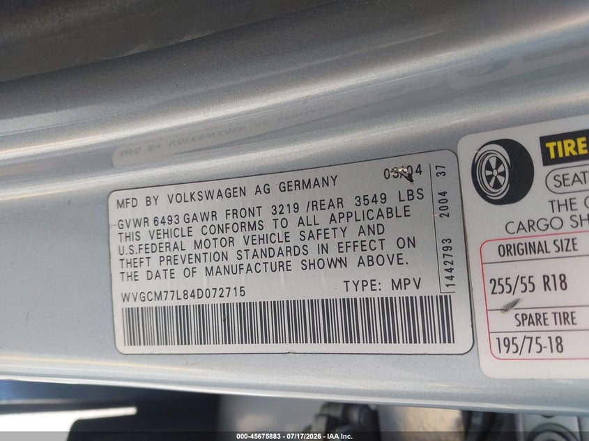 2004 Volkswagen Touareg VIN WVGCM77L84D072715 IAAI salvage auction — UNKNOWN, Clear - Dealer Only (California), sold $325 on 2026-07-30 (photo 9)