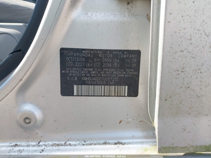 2007 Hyundai Elantra VIN KMHDU46D07U057255 IAAI salvage auction — NORMAL WEAR, Original (Ohio), sold $275 on 2026-07-30 (photo 9)