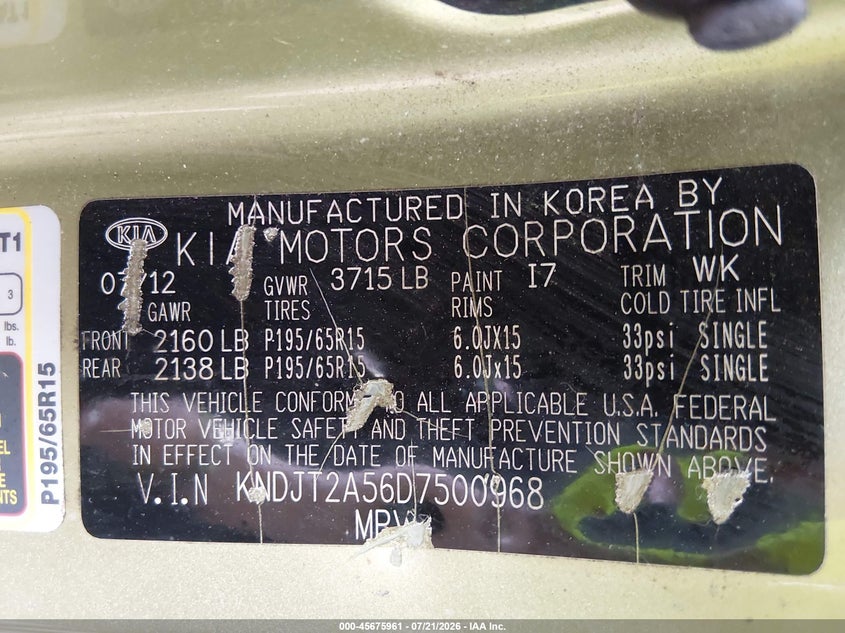 2013 Kia Soul VIN KNDJT2A56D7500968 IAAI salvage auction — RIGHT SIDE, Clear (Virginia), sold $300 on 2026-07-28 (photo 9)