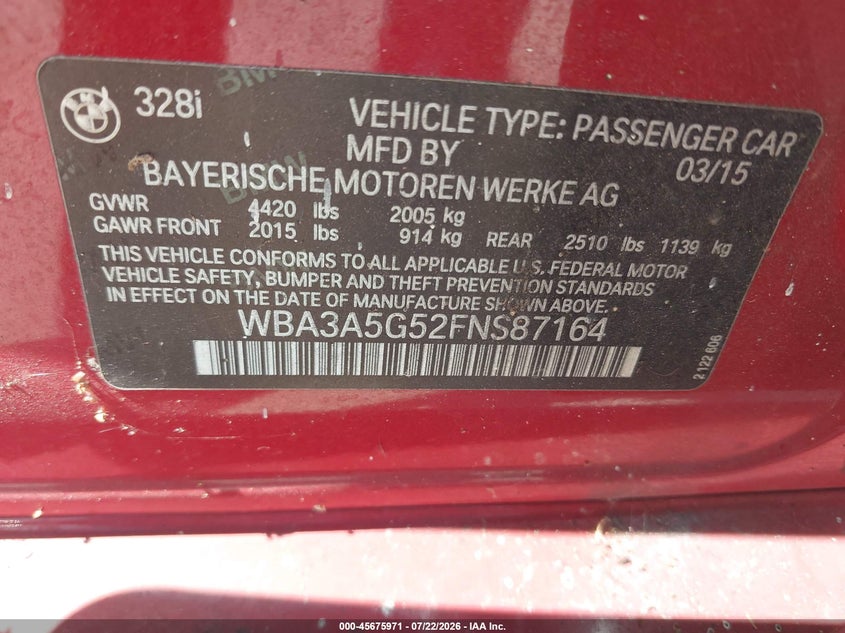 2015 BMW 3er VIN WBA3A5G52FNS87164 IAAI salvage auction — NORMAL WEAR, Clear (Florida), sold $200 on 2026-07-29 (photo 9)