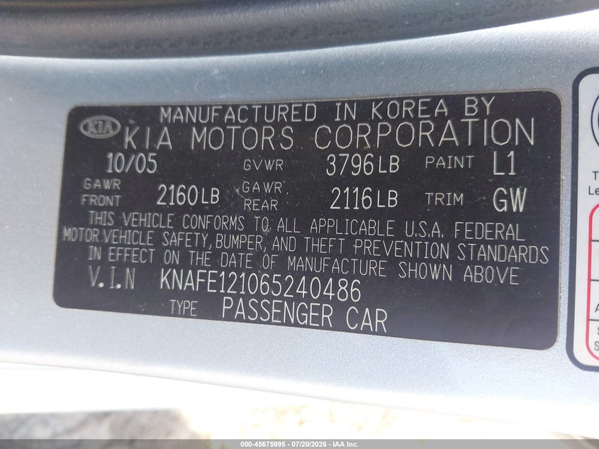 2006 Kia Spectra VIN KNAFE121065240486 IAAI salvage auction — NORMAL WEAR, Clear (Pennsylvania), sold $125 on 2026-07-28 (photo 9)