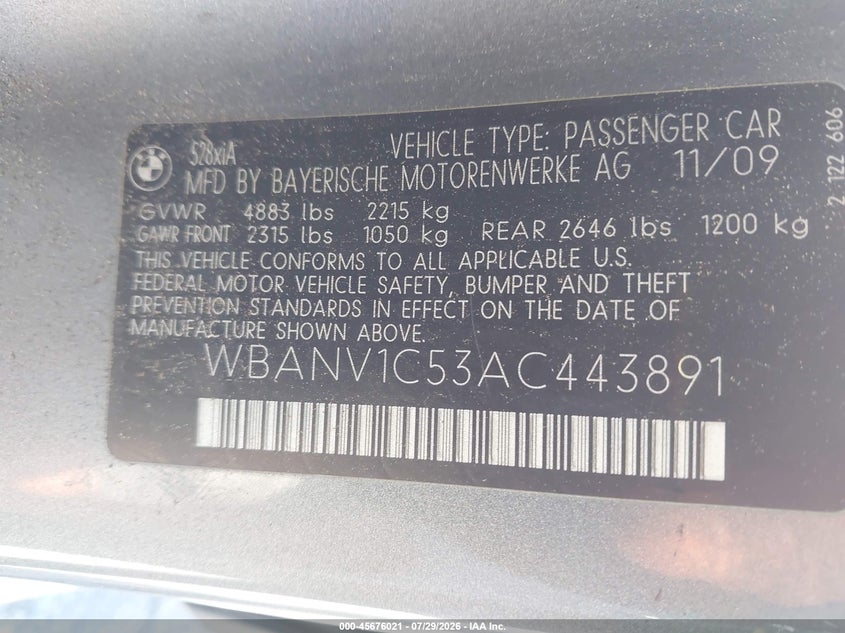 2010 BMW 5 series VIN WBANV1C53AC443891 IAAI salvage auction — NORMAL WEAR, Clear - Dealer Only (California), sold $375 on 2026-08-04 (photo 9)