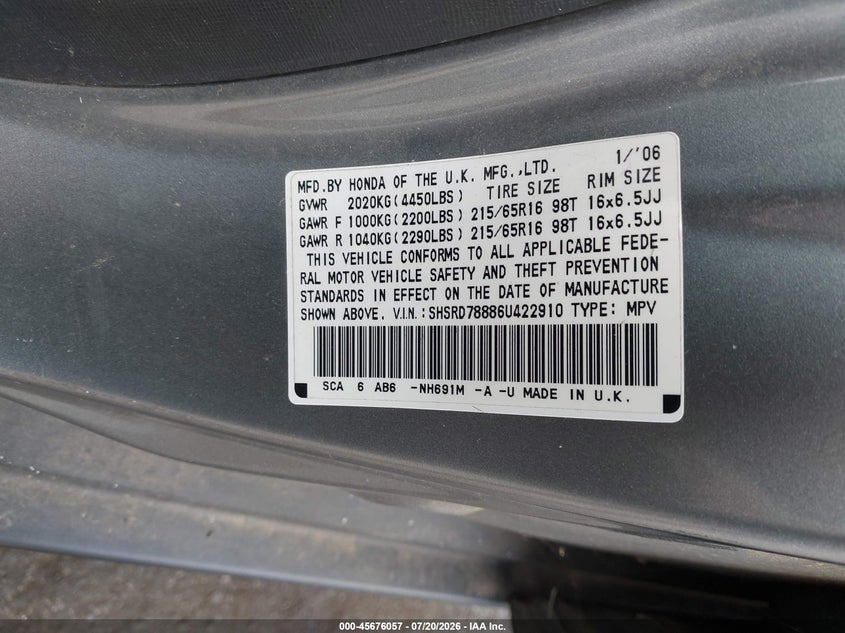 2006 Honda Cr-v VIN SHSRD78886U422910 IAAI salvage auction — MECHANICAL, Clear (Pennsylvania), sold $475 on 2026-07-30 (photo 9)