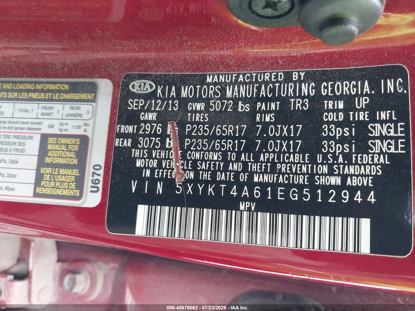2014 Kia Sorento VIN 5XYKT4A61EG512944 IAAI salvage auction — NORMAL WEAR, Clear (Virginia), sold $600 on 2026-07-30 (photo 9)