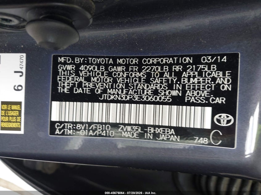 2014 Toyota Prius plug-in VIN JTDKN3DP3E3060055 IAAI salvage auction — NORMAL WEAR, Clear - Dealer Only (California), sold $25 on 2026-07-30 (photo 9)