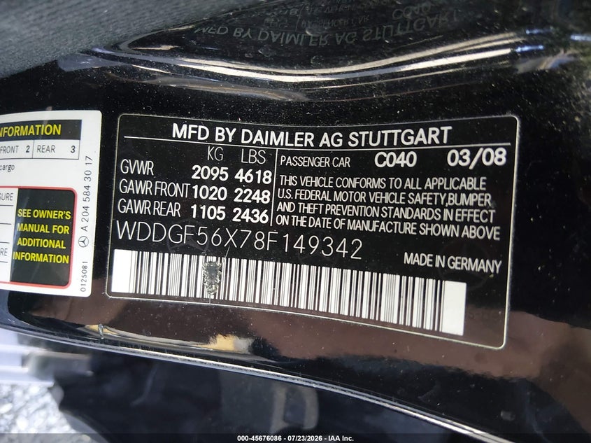 2008 Mercedes-benz C-klasse VIN WDDGF56X78F149342 IAAI salvage auction — FRONT END, Salvage - Greater Than 75% (Maryland), sold $350 on 2026-08-12 (photo 9)