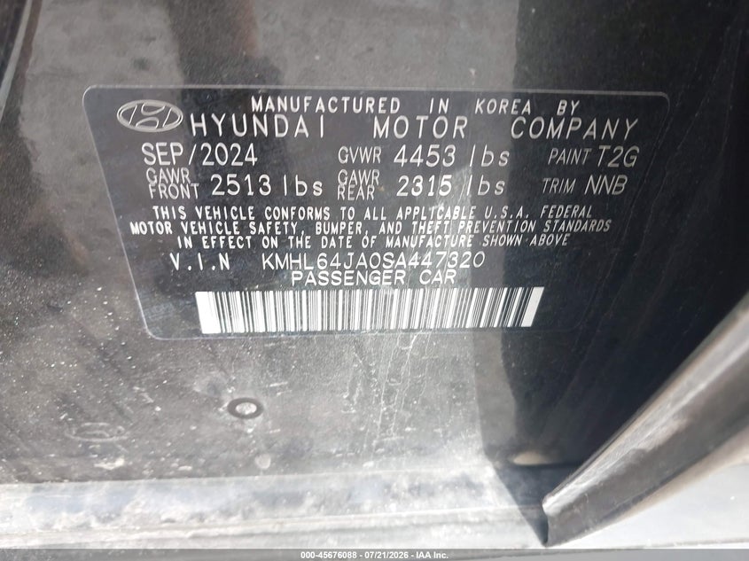 2025 Hyundai Sonata VIN KMHL64JA0SA447320 IAAI salvage auction — LEFT FRONT, Enterprise Vehicles Clear Only (New Jersey), sold $9,100 on 2026-07-24 (photo 9)