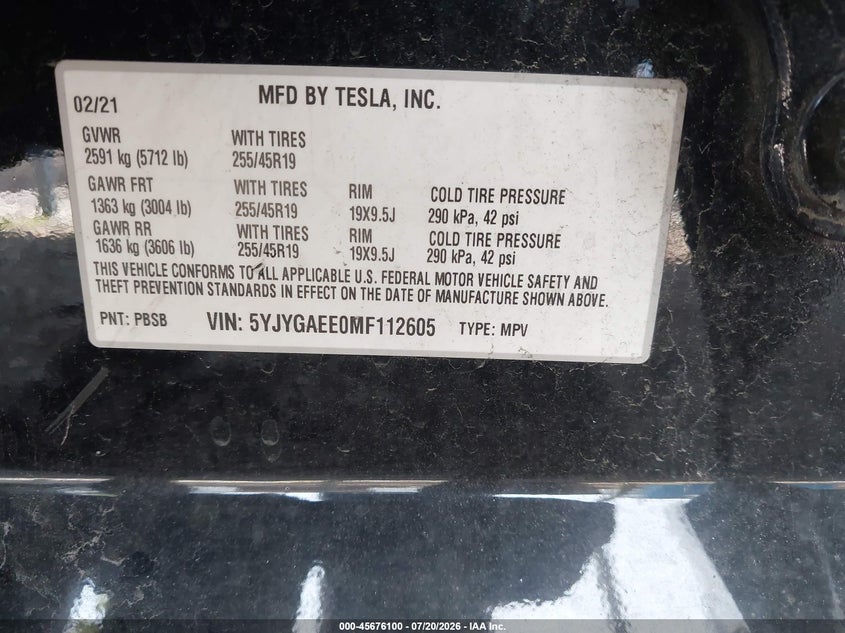 2021 Tesla Model Y VIN 5YJYGAEE0MF112605 IAAI salvage auction — Right Rear, Salvage, sold $6,300 on 2026-10-19 (photo 9)