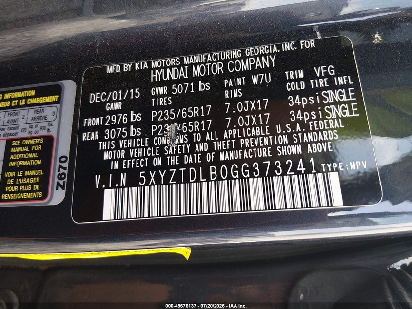 2016 Hyundai Santa fe VIN 5XYZTDLB0GG373241 IAAI salvage auction — NORMAL WEAR, Clear (Tennessee), sold $600 on 2026-07-30 (photo 9)
