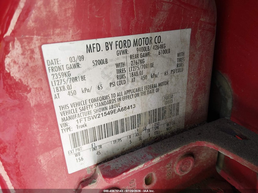 2009 Ford F-550 super duty VIN 1FTSW21549EA68413 IAAI salvage auction — REAR END, Certificate Of Title (Nebraska), sold $825 on 2026-07-30 (photo 9)