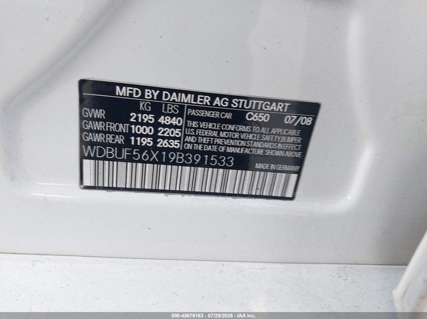 2009 Mercedes-benz E-class VIN WDBUF56X19B391533 IAAI salvage auction — FRONT & REAR, Salvage (California), sold $25 on 2026-07-31 (photo 9)