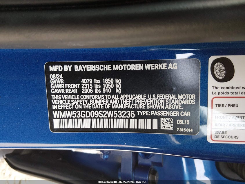 2025 Mini Hard top VIN WMW53GD09S2W53236 IAAI salvage auction — REAR END, Salvage Title, sold $10,600 on 2026-08-22 (photo 9)