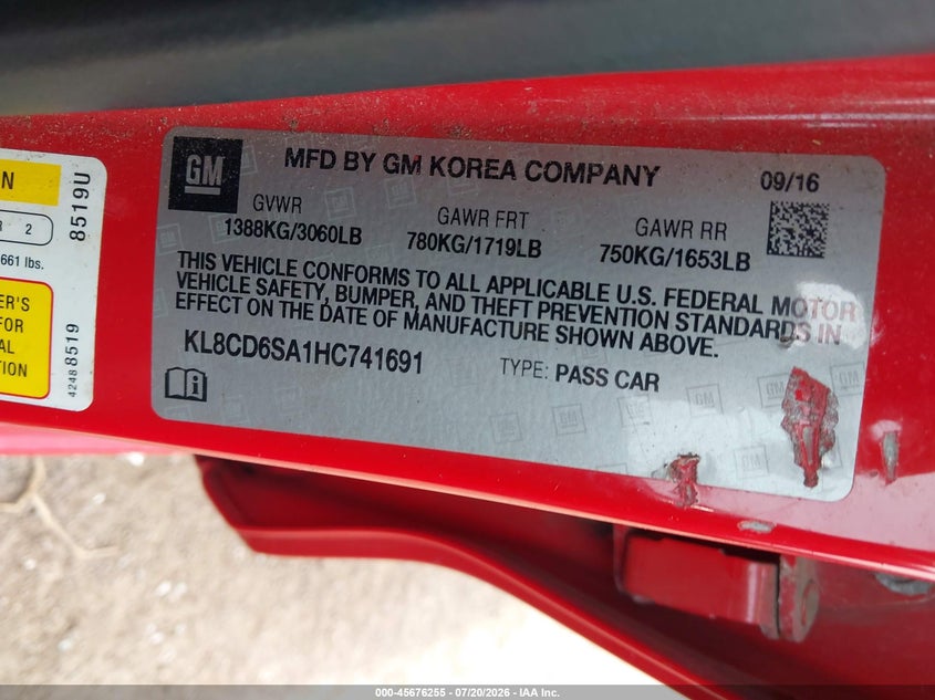 2017 Chevrolet Spark VIN KL8CD6SA1HC741691 IAAI salvage auction — NORMAL WEAR, Clear (Michigan), sold $375 on 2026-07-30 (photo 9)
