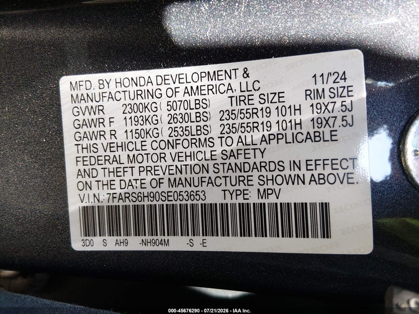 2025 Honda Cr-v VIN 7FARS6H90SE053653 IAAI salvage auction — FRONT END, Wait Title, sold $13,600 on 2026-08-02 (photo 9)