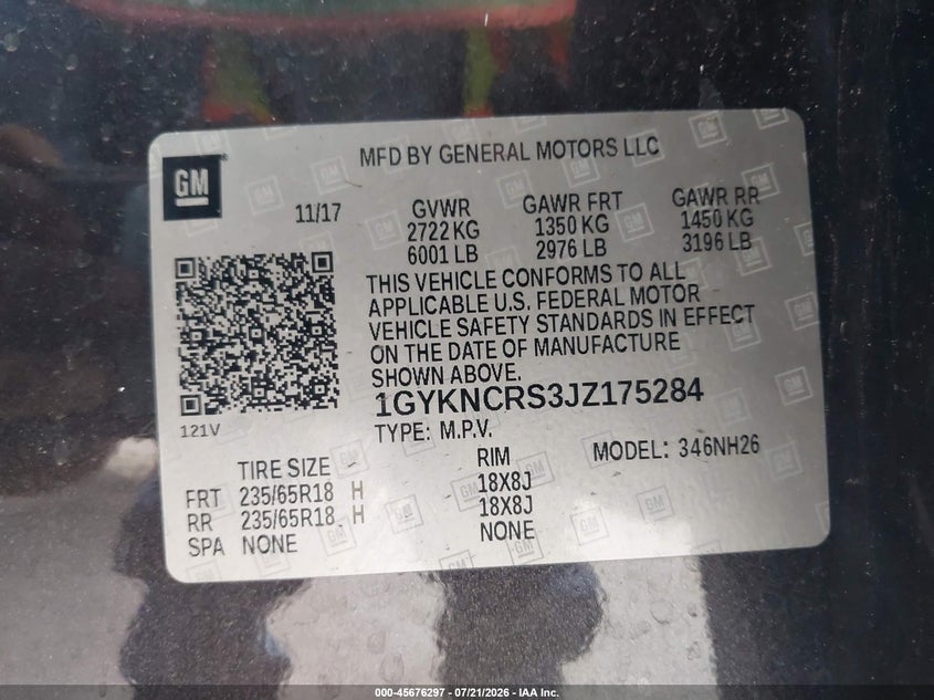 2018 Cadillac Xt5 VIN 1GYKNCRS3JZ175284 IAAI salvage auction — REAR END, Salvage Title, sold $3,200 on 2026-07-31 (photo 9)
