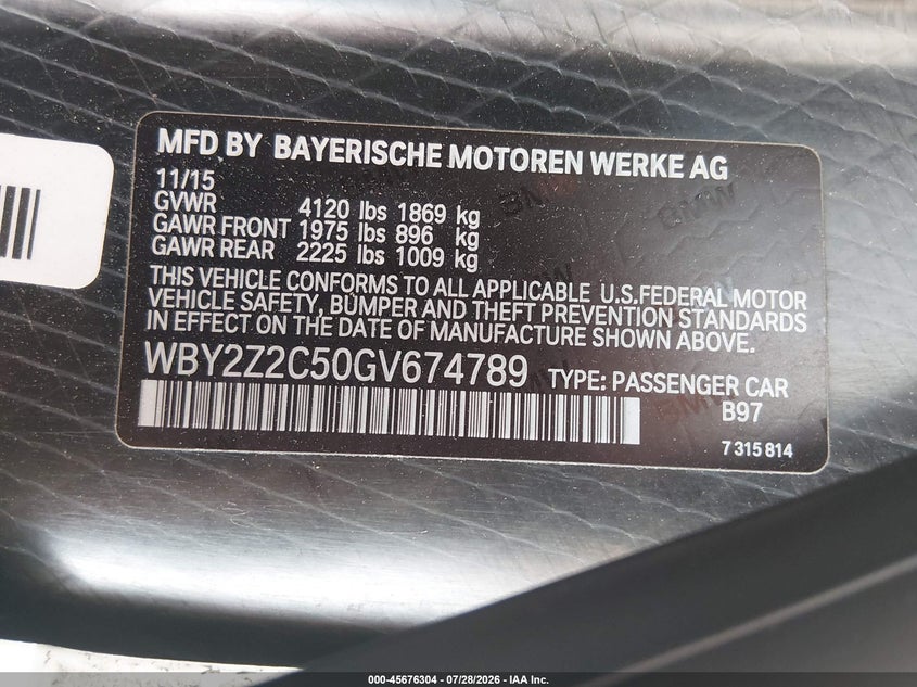 2016 BMW I8 VIN WBY2Z2C50GV674789 IAAI salvage auction — RIGHT FRONT, Salvage Title, sold $15,100 on 2026-09-29 (photo 9)
