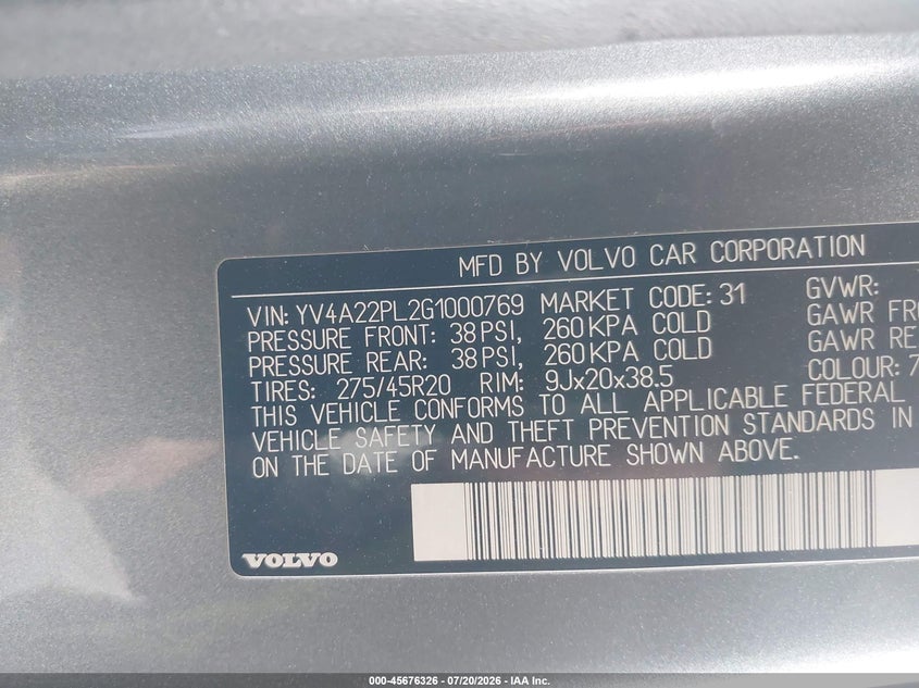 2016 Volvo Xc90 VIN YV4A22PL2G1000769 IAAI salvage auction — LEFT FRONT, Wait Title, sold $5,600 on 2026-08-16 (photo 9)