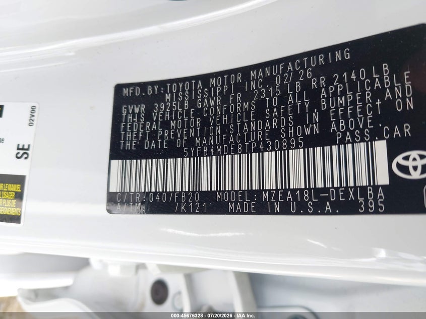 2026 Toyota Corolla VIN 5YFB4MDE8TP430895 IAAI salvage auction — SIDE, Enterprise Vehicles Clear Only (California), sold $7,100 on 2026-07-29 (photo 9)