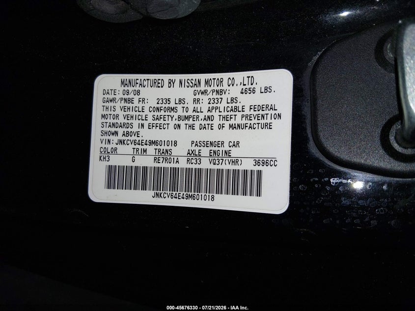 2009 Infiniti G37 VIN JNKCV64E49M601018 IAAI salvage auction — REAR END, Salvage (Arizona), sold $1,250 on 2026-07-31 (photo 9)
