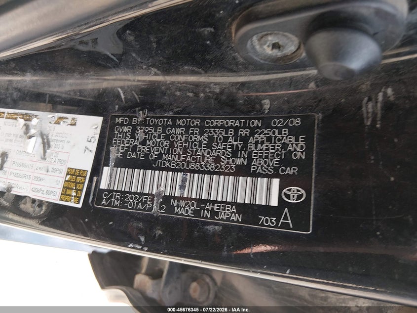 2008 Toyota Prius VIN JTDKB20U883382323 IAAI salvage auction — NORMAL WEAR, Regular Certificate (Iowa), sold $100 on 2026-07-29 (photo 9)