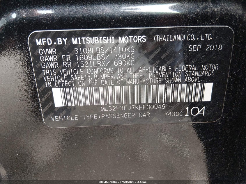 2019 Mitsubishi Mirage VIN ML32F3FJ7KHF00949 IAAI salvage auction — NORMAL WEAR, Original (Ohio), sold $25 on 2026-07-30 (photo 9)