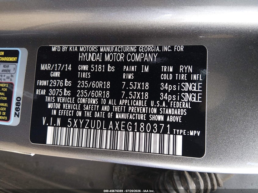 2014 Hyundai Santa fe VIN 5XYZUDLAXEG180371 IAAI salvage auction — NORMAL WEAR, Clear - Dealer Only (California), sold $475 on 2026-07-29 (photo 9)