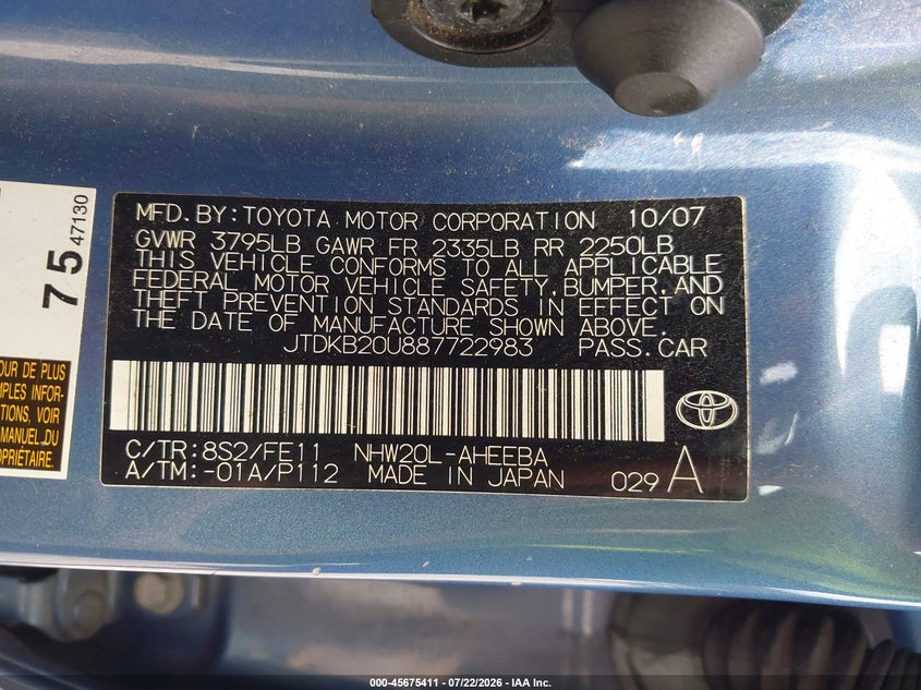 2008 Toyota Prius VIN JTDKB20U887722983 IAAI salvage auction — NORMAL WEAR, Clear (Virginia), sold $25 on 2026-07-28 (photo 9)