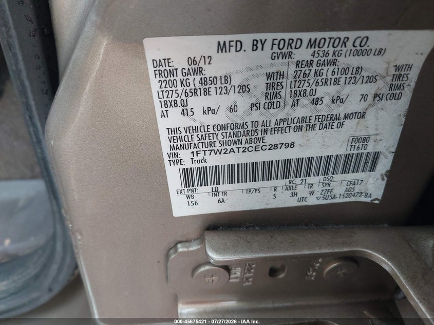 2012 Ford F250 VIN 1FT7W2AT2CEC28798 IAAI salvage auction — FRONT & REAR, Salvage (North Carolina), sold $10,250 on 2026-09-18 (photo 9)