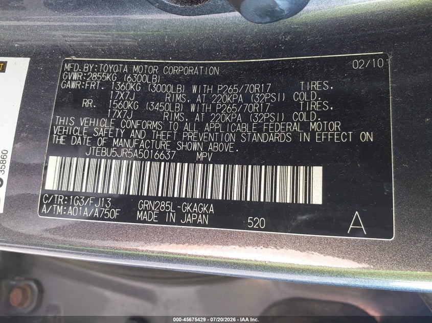 2010 Toyota 4runner VIN JTEBU5JR5A5016637 IAAI salvage auction — NORMAL WEAR, Clear (New Jersey), sold $5,200 on 2026-07-30 (photo 9)