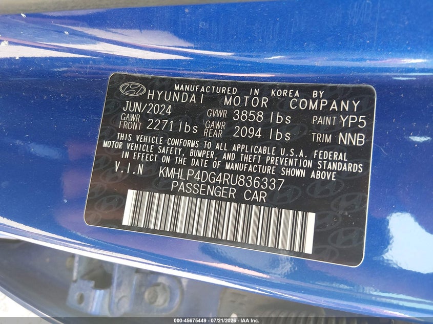 2024 Hyundai Elantra VIN KMHLP4DG4RU836337 IAAI salvage auction — REAR END, Enterprise Vehicles Clear Only (Colorado), sold $12,000 on 2026-07-28 (photo 9)