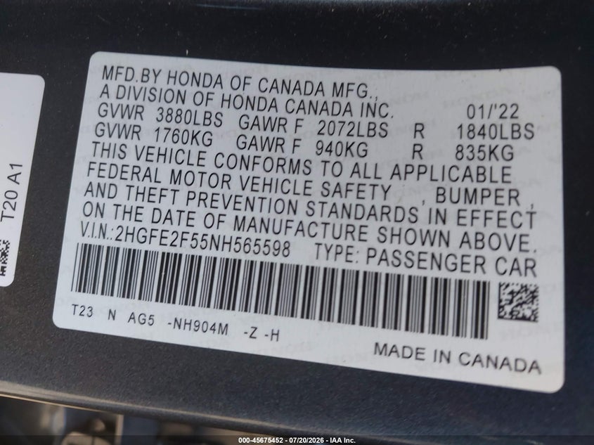 2022 Honda Civic VIN 2HGFE2F55NH565598 IAAI salvage auction — FRONT & REAR, Wait Title, sold $4,725 on 2026-08-22 (photo 9)