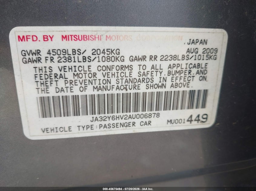 2010 Mitsubishi Lancer VIN JA32Y6HV2AU006878 IAAI salvage auction — FRONT END, Clear (Wisconsin), sold $25 on 2026-07-29 (photo 9)