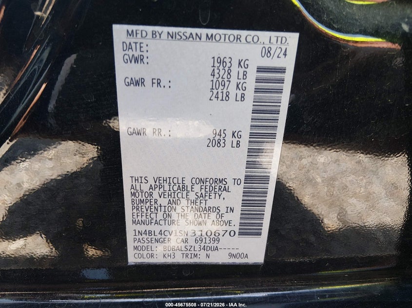 2025 Nissan Altima VIN 1N4BL4CV1SN310670 IAAI salvage auction — NORMAL WEAR, Enterprise Vehicles Clear Only (Florida), sold $14,000 on 2026-07-28 (photo 9)