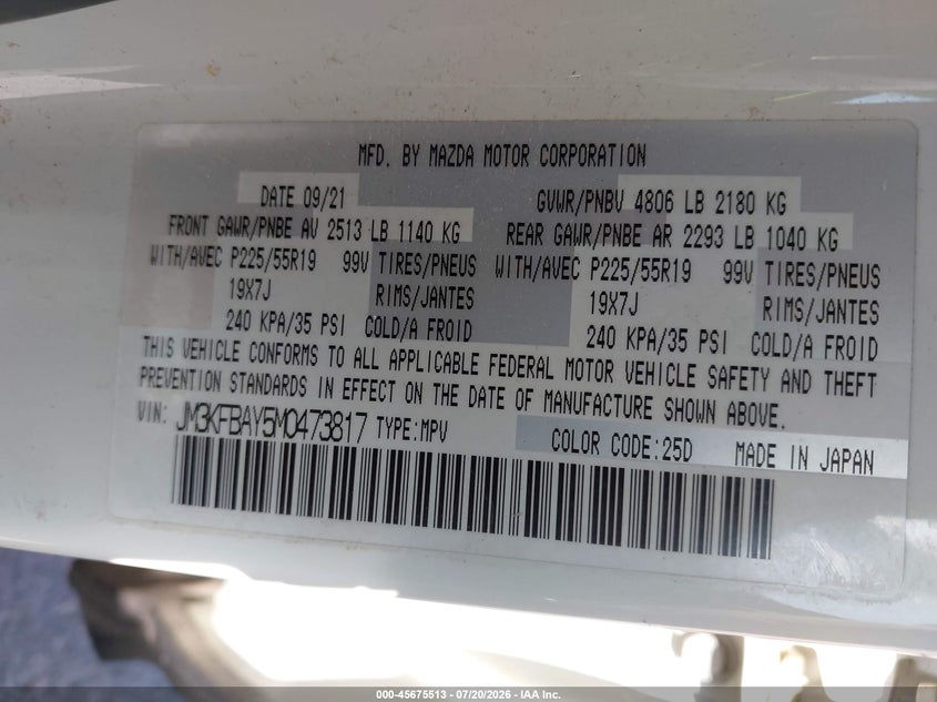2021 Mazda Cx-5 VIN JM3KFBAY5M0473817 IAAI salvage auction — FRONT END, Salvage Title, sold $3,350 on 2026-08-01 (photo 9)