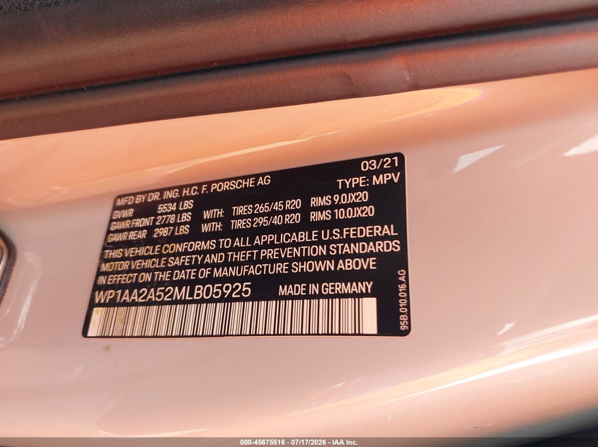 2021 Porsche Macan VIN WP1AA2A52MLB05925 IAAI salvage auction — UNKNOWN, Clear (Florida), sold $13,000 on 2026-07-29 (photo 9)