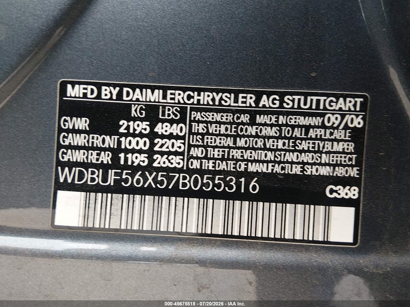 2007 Mercedes-benz E-class VIN WDBUF56X57B055316 IAAI salvage auction — FRONT END, Salvage (California), sold $1,100 on 2026-08-03 (photo 9)