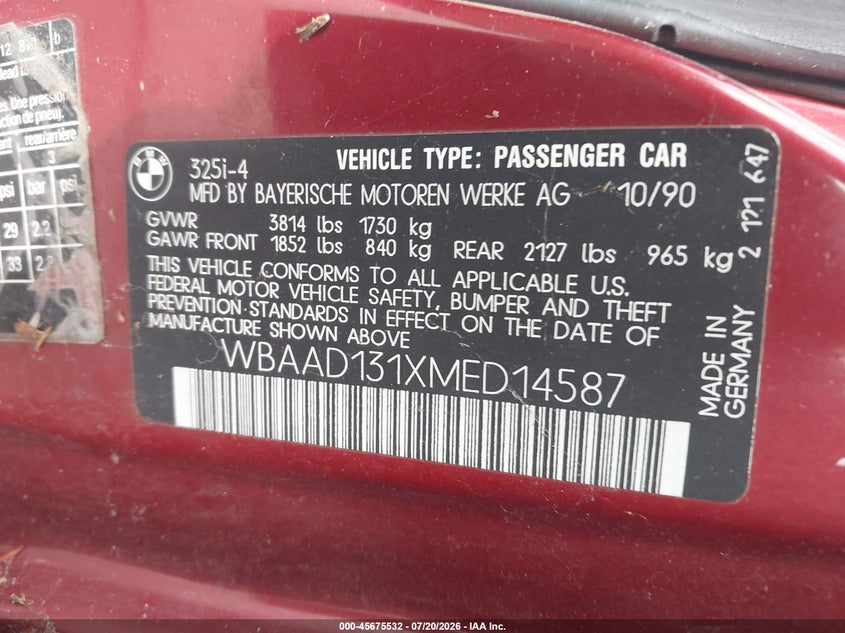 1991 BMW 3 series VIN WBAAD131XMED14587 IAAI salvage auction — NORMAL WEAR, Clear - Dealer Only (California), sold $2,050 on 2026-07-29 (photo 9)