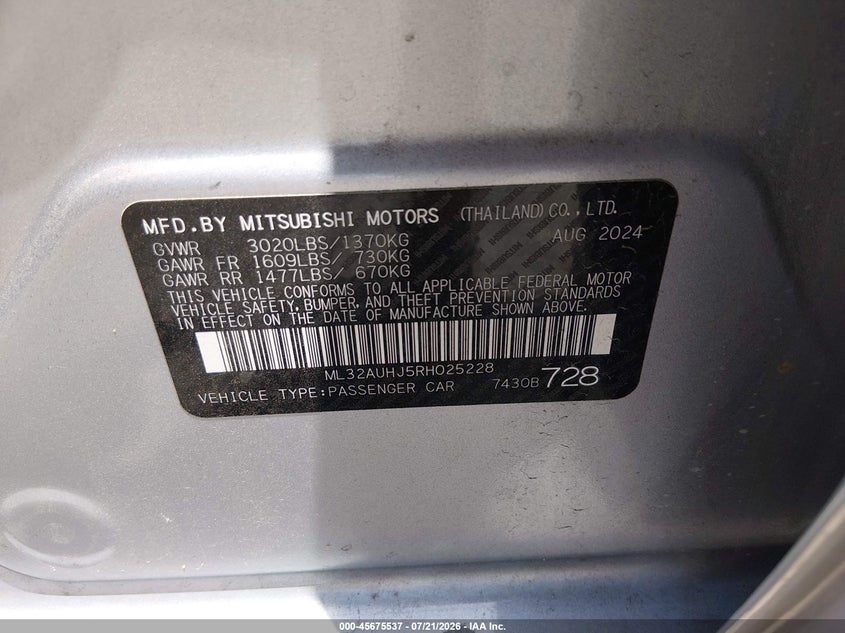 2024 Mitsubishi Mirage VIN ML32AUHJ5RH025228 IAAI salvage auction — RIGHT SIDE, Rebuildable (Florida), sold $2,500 on 2026-07-28 (photo 9)