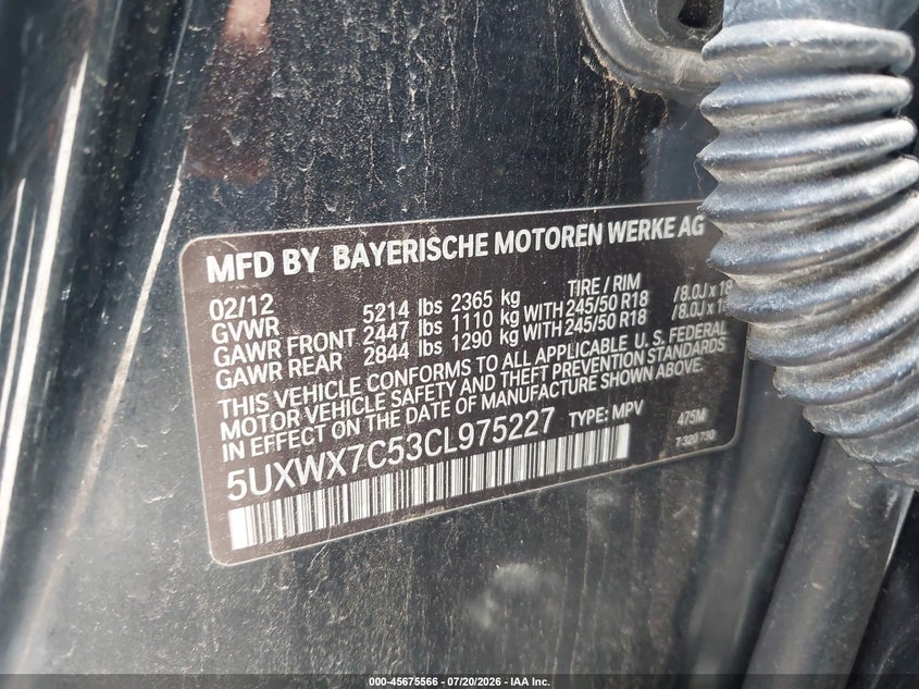 2012 BMW X3 VIN 5UXWX7C53CL975227 IAAI salvage auction — NORMAL WEAR, Original (Texas), sold $100 on 2026-07-30 (photo 9)